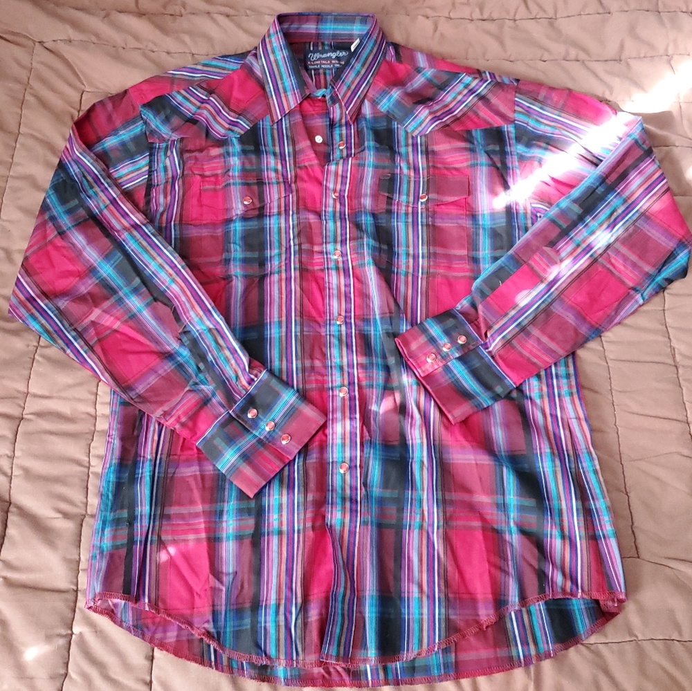 Wrangler Men's Long Sleeve Button Up. Ruby Snaps. Large, X-Long Tail. LN…